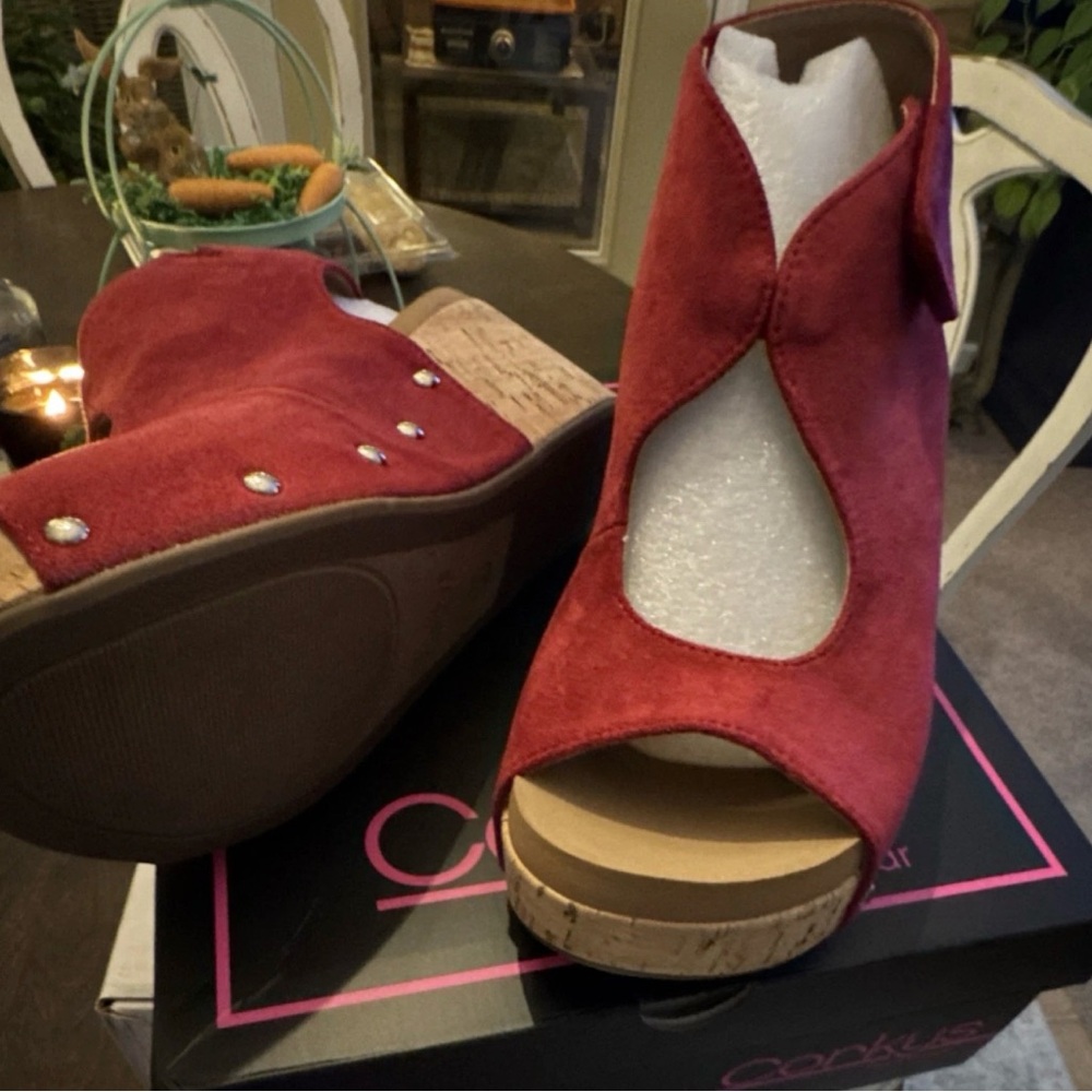 Corkys Crimson Suede Open-Toe Wedge Sandals